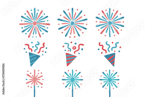 Festive fireworks and party popper icons in blue and red colors