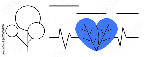 Minimalist tree design alongside heartbeat line and blue heart with branching veins. Ideal for health, sustainability, nature, eco-awareness, wellness, balance, growth. Simple flat metaphor