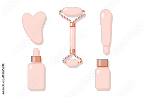 Pink Quartz Facial Massage Tools and Cosmetic Serum Bottles Set