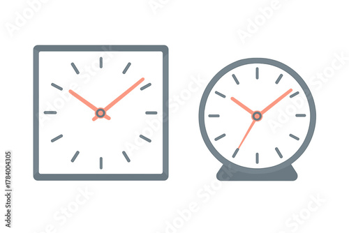 Square and round alarm clocks with peach colored hands
