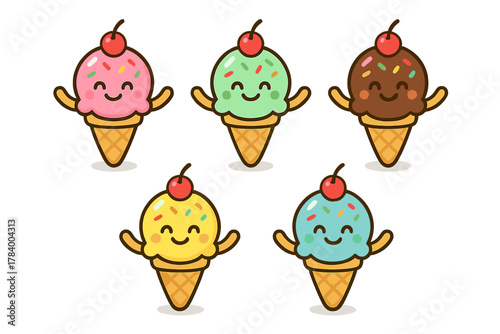 Five smiling ice cream cones with cherry topping and sprinkles