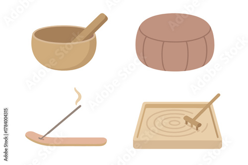 Zen meditation and relaxation objects collection featuring singing bowl and incense