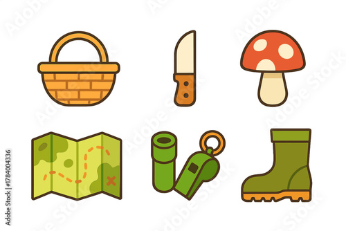 Outdoor adventure and foraging icons for hiking and camping activities