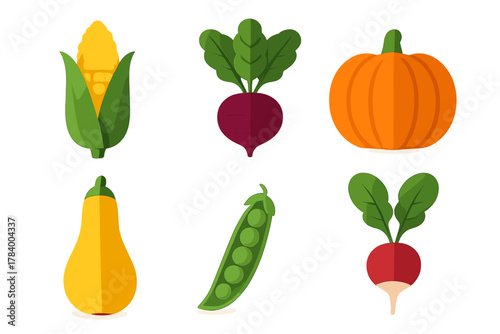 Colorful assortment of farm vegetables icons featuring corn, squash, and root crops