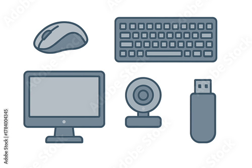 Set of essential computer peripherals: monitor, mouse, keyboard, webcam, and flash drive