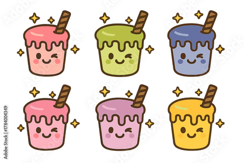 Six adorable kawaii bubble tea drinks with colorful faces and wafer sticks