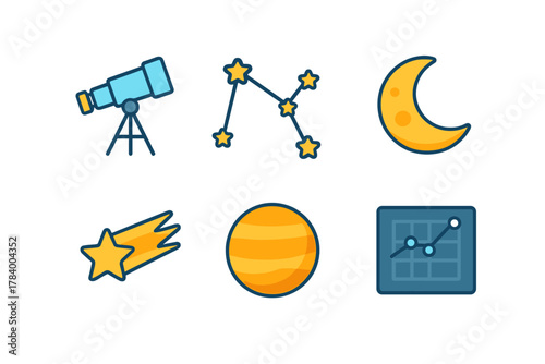 Set of astronomy and space exploration icons featuring telescope and celestial objects