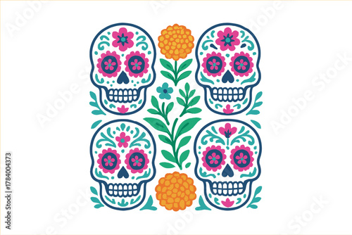 Four decorative sugar skulls with colorful floral elements and marigolds