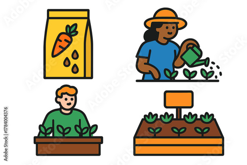 Set of gardening icons featuring planting and seed package elements