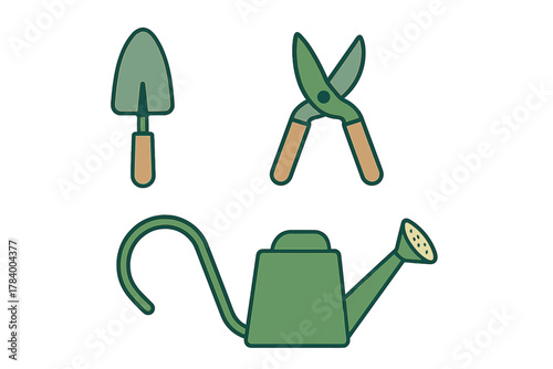 Set of essential gardening tools including trowel shears and watering can icons