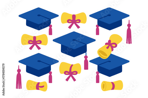 Isometric pattern of graduation caps and diploma scrolls for academic themes