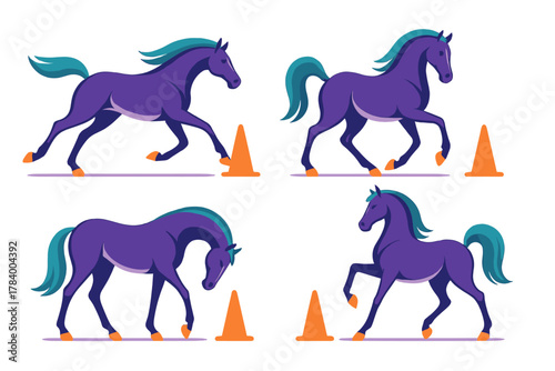 Four stylized purple horses executing dressage movements near training cones