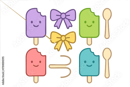 Smiling frozen fruit bars with decorative bows and serving spoons
