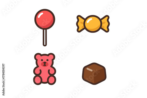 Colorful assortment of candy and sweet icons featuring lollipop, gummy bear, and chocolate