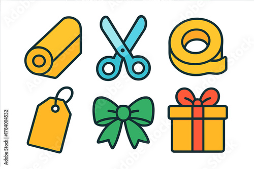 Colorful icons representing gift wrapping and crafting supplies