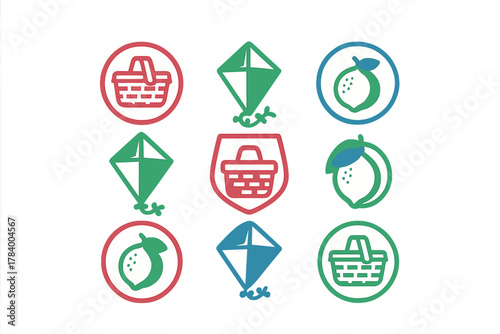 Colorful icons representing picnic, kite, and citrus fruit elements