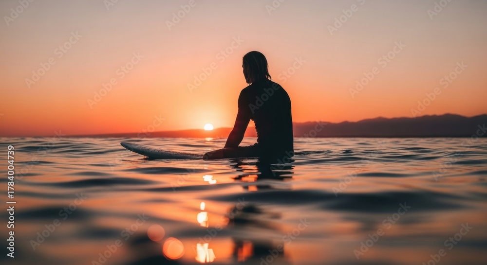 Obraz premium Male surfer silhouette on a surfboard waiting for a wave. Golden hour sunset over the ocean. Active lifestyle and water sports adventure. Mindfulness and solitude in nature