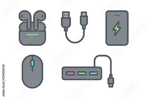 Modern electronic gadget icons for wireless and wired devices