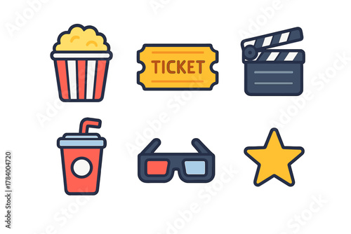 Flat icons set for cinema and movie watching entertainment