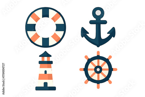 Set of stylized nautical symbols including anchor, lighthouse, ship wheel, and lifebuoy