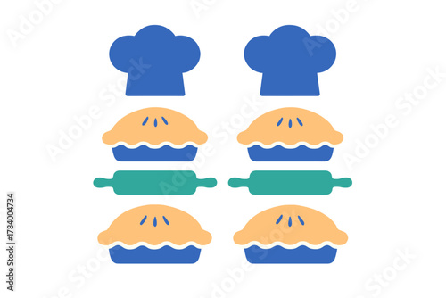 Set of baking icons featuring chef hats pies and rolling pins