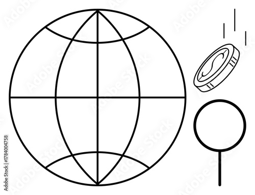 Globe alongside magnifying glass and falling coin, highlighting global economy, research, investment, and currency dynamics. Ideal for finance, trade, growth, globalization analysis innovation