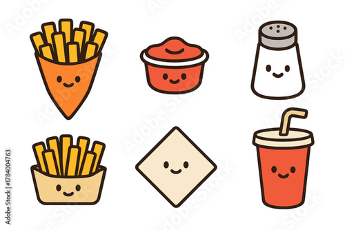 Collection of cute fast food icons featuring fries, ketchup, salt, and soda cup