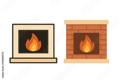 Two styles of burning fireplace icons featuring warm flames