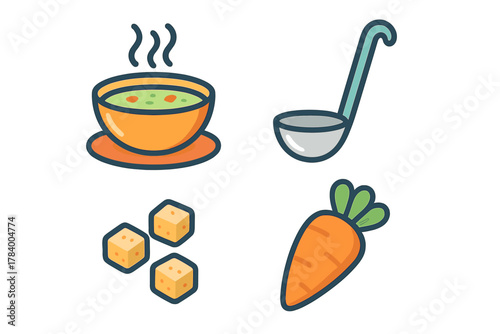 Hot soup bowl ladle carrot and croutons icons collection