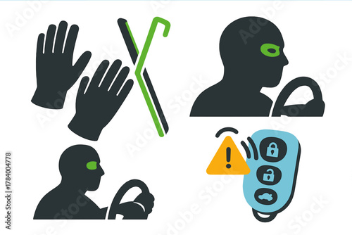 Set of icons depicting vehicle theft and illegal entry tools