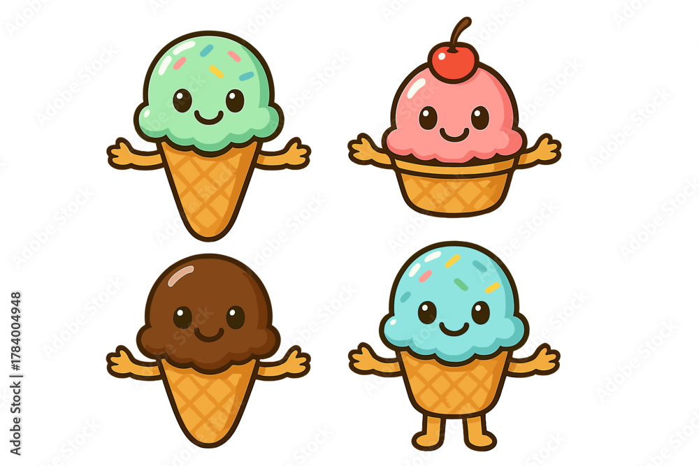 Obraz premium Four cute smiling ice cream characters in cones and cups