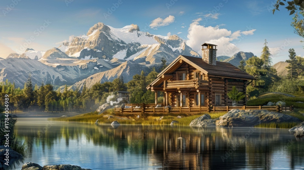 Fototapeta premium A wooden cabin by a serene lake surrounded by majestic mountains. The scene captures the beauty of nature and tranquility.