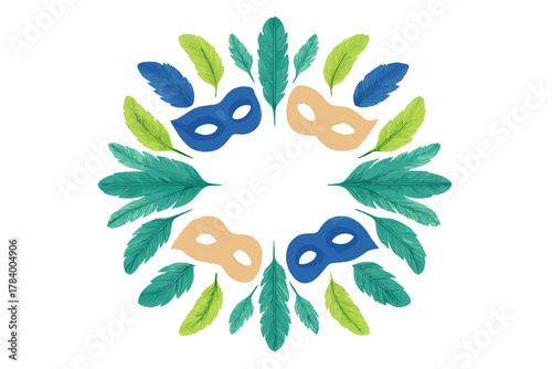 Colorful masquerade masks and vibrant feathers forming a decorative circular frame
