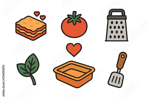 Set of icons for lasagna ingredients and cooking utensils
