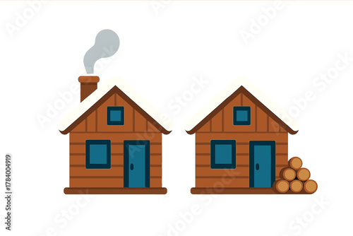 Two cozy wooden log cabins with snow covered roofs and chimney smoke
