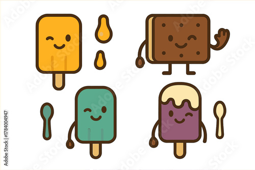 Charming set of anthropomorphic ice cream characters with popsicles and sandwich