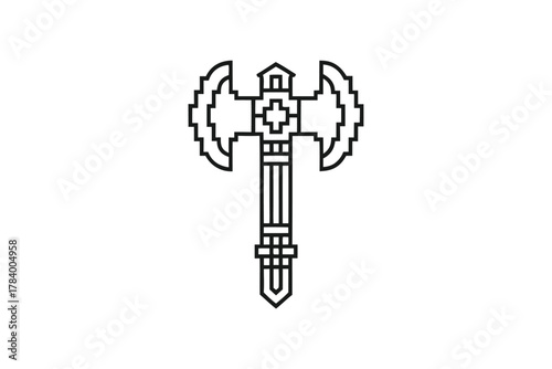 Pixelated battleaxe shows sharp blade edges on a plain background with an antique appearance