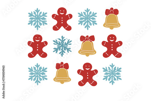 Festive cookie pattern with gingerbread men snowflakes and holiday bells