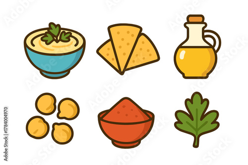 Hummus components and serving icons featuring chickpeas and chips