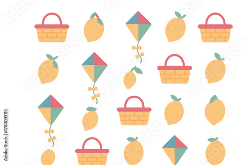 Seamless pattern of picnic baskets lemons and kites in soft colors