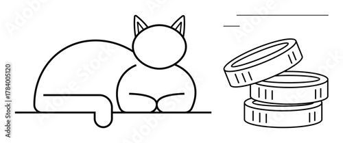 Cat resting with contentment near a stack of coins, representing financial stability, investment, wealth, savings, insurance, budgeting, and animal welfare. Ideal for a simple flat metaphor