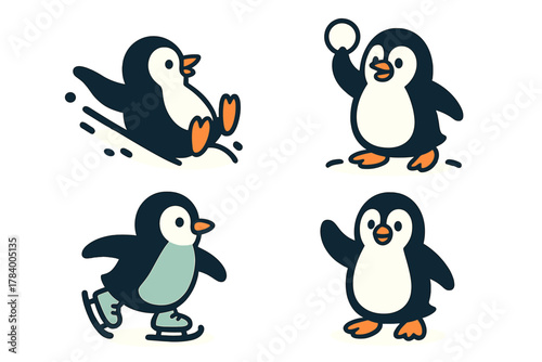 Four cute cartoon penguins enjoying various winter activities