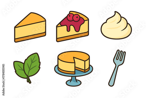 Set of cheesecake dessert icons with topping and utensil elements