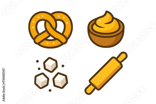 Baking ingredients and tools icons set featuring pretzel and rolling pin
