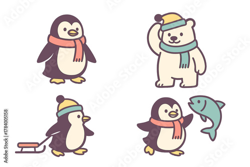 Set of cute arctic animal characters featuring penguins and a polar bear