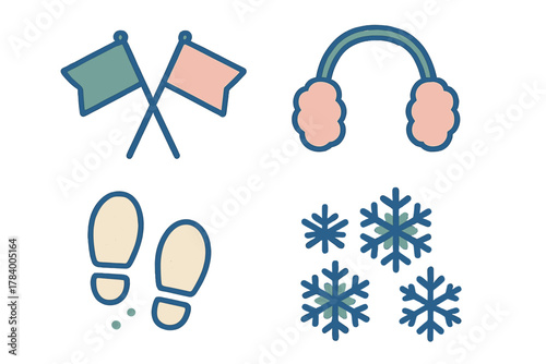 Set of winter outdoor activity icons featuring flags earmuffs footprints and snowflakes