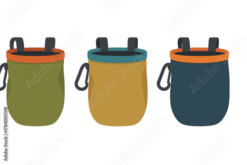 Three vibrant climbing chalk bags with attached carabiner clips