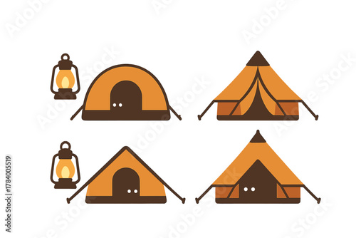 Camping tents and kerosene lantern icons in warm color palette