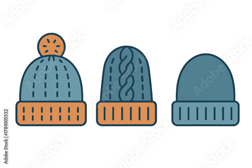 Three knitted winter hats with pompom and cable knit patterns