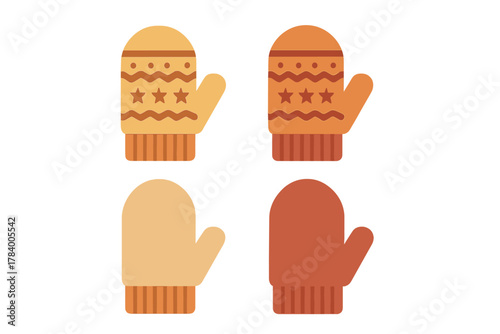 Four knitted winter mittens icons in warm colors for cold weather